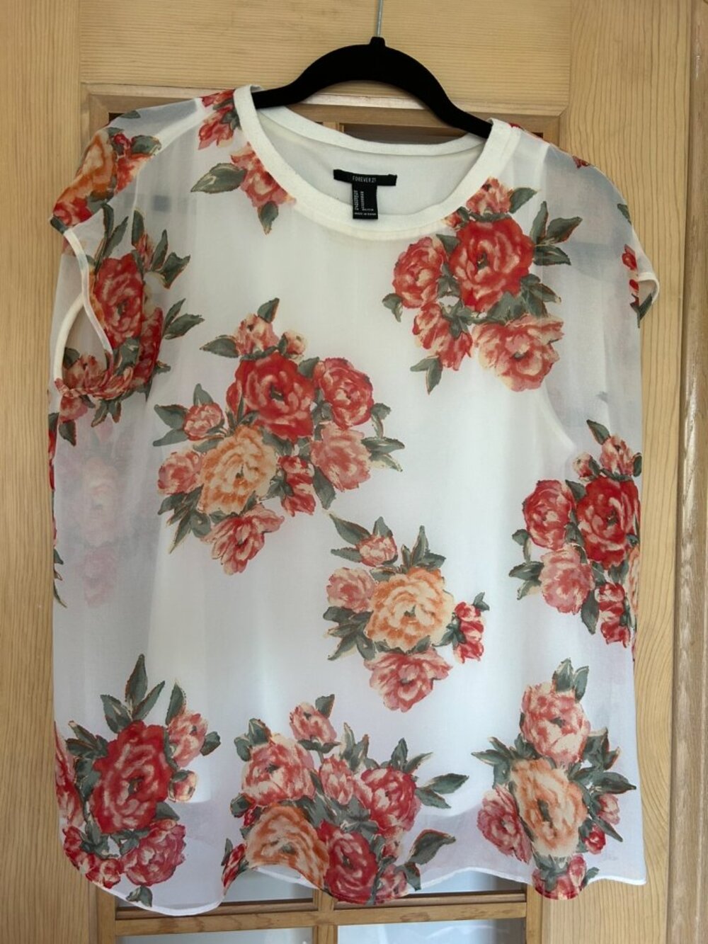 Forever 21 White Floral Sheer Blouse Top Medium Romantic